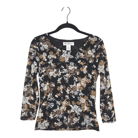 Rena Rowan Tops - Vtg Rena Rowan Floral Mesh Top Black Brown White 3/4 Sleeve Top S Whimsigoth Y2K